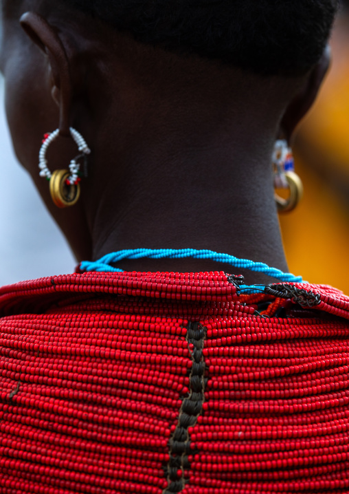 Samburu woman with a beaded red necklace, Samburu County, Samburu National Reserve, Kenya
