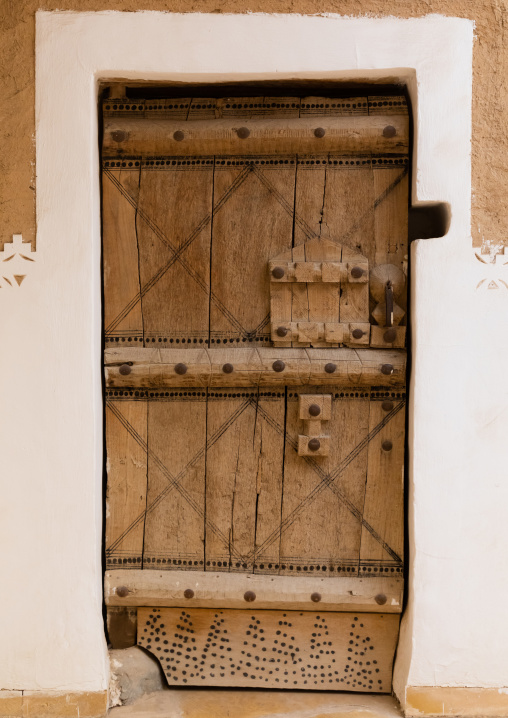 Old wooden door in Musmak fort, Riyadh Province, Riyadh, Saudi Arabia