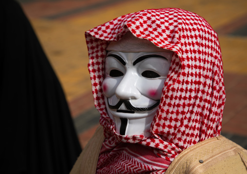 Guy Fawkes mask with a keffiyeh, Riyadh Province, Riyadh, Saudi Arabia