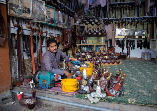 Man making jambyia in his shop, Najran Province, Najran, Saudi Arabia