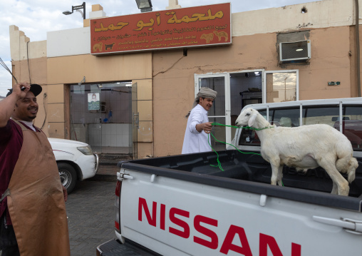 Butcher with a sheep delivered in a car, Najran Province, Najran, Saudi Arabia