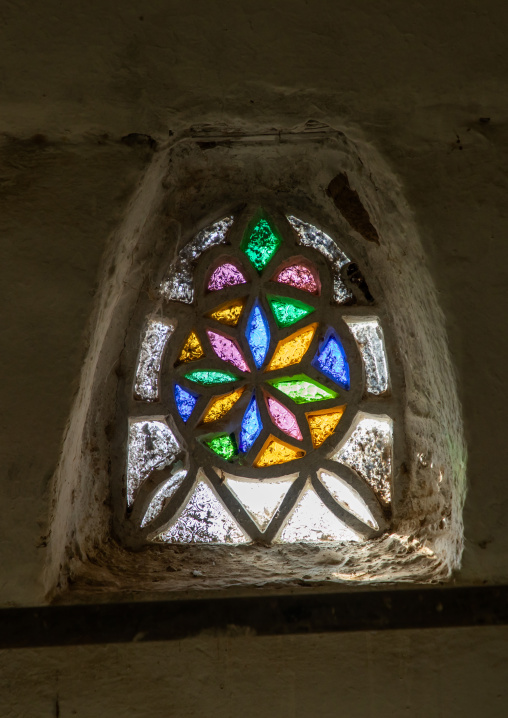 Glass window of a traditional old mud house, Najran Province, Najran, Saudi Arabia