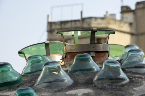 Rows of antique glass roof ventilators catch the sunlight above the domed roof of the historic Ezzeddine Hammam, North Governorate, Tripoli, Lebanon