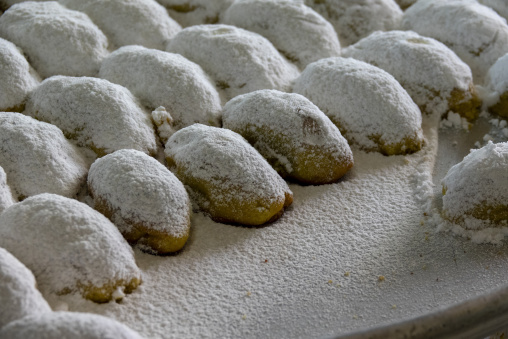 Rows of soft cookies dusted with powdered sugar cool on a baking tray, South Governorate, Tyre, Lebanon