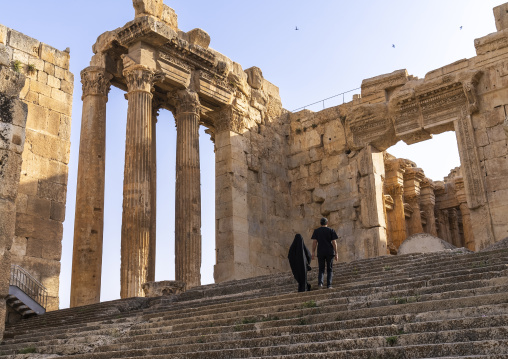 Muslim tourists in the Antique ruins at the archeological site, Baalbek-Hermel Governorate, Baalbek, Lebanon