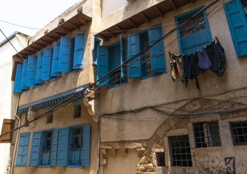 Old traditional lebanese house with blue windows, North Governorate, Tripoli, Lebanon
