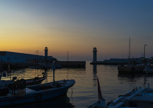 Fishing boats in the harbor in the sunset, North Governorate, Batroun, Lebanon