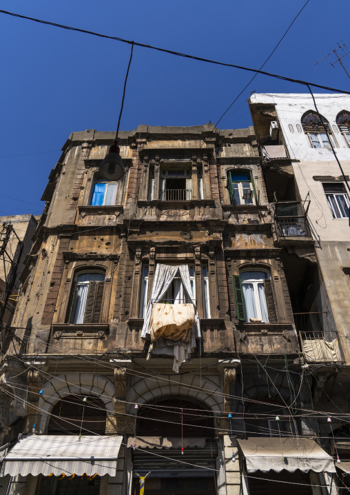 Old heritage building with bullet holes in the city, Beirut Governorate, Beirut, Lebanon