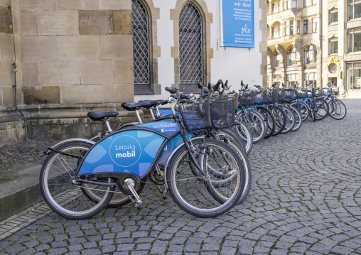 Bicycles parked at a bike sharing station, Saxony, Leipzig, Germany