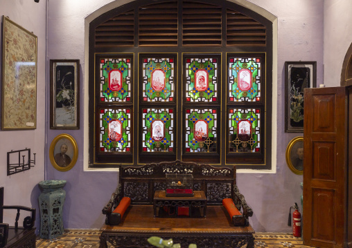 Multi coloured stained glass window In Pinang Peranakan mansion, Penang island, George Town, Malaysia