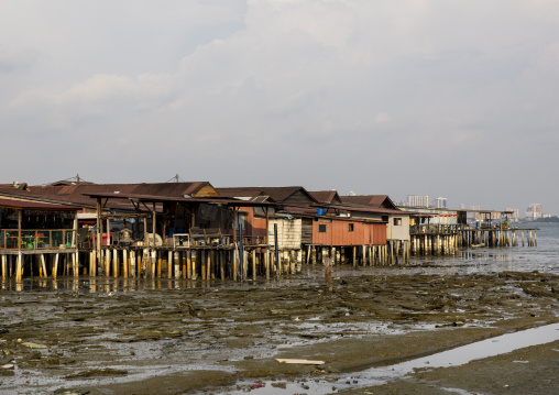 Chew Jetty wooden houses at low tide, Penang island, George Town, Malaysia