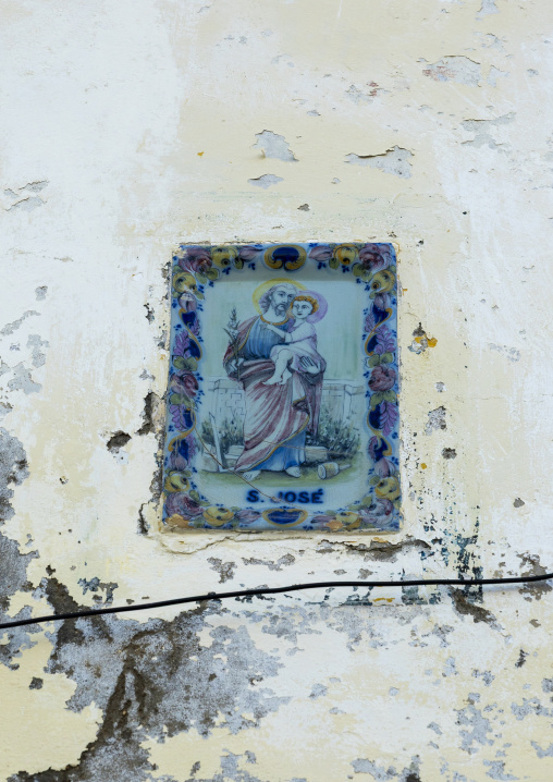 Christian ceramic tile on a house, Nampula Province, Island of Mozambique, Mozambique