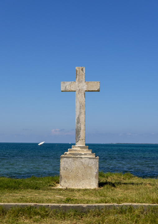 Stone cross in front of the sea, Nampula Province, Island of Mozambique, Mozambique