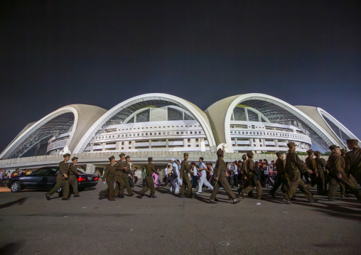 Soldiers going to Mass games at may day stadium, DGC, Pyongyang, North Korea
