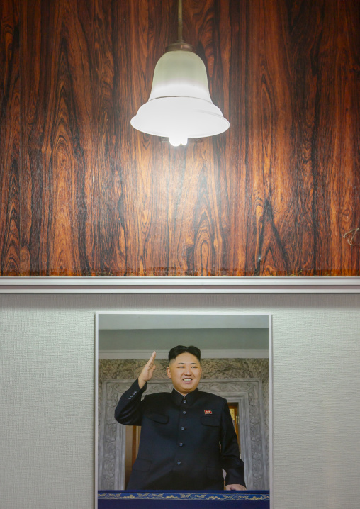 Kim jung-un propaganda poster in an hotel reception, Kangwon-do, Wonsan, North Korea