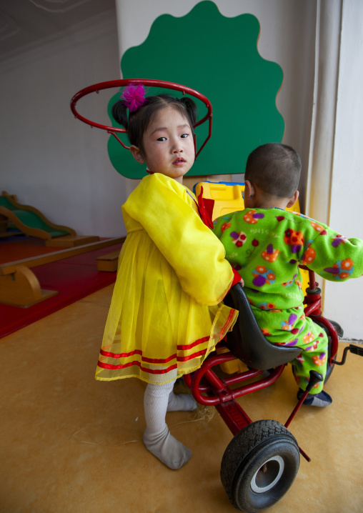 North Korean girl dressed in choson-ot in an orphanage, South Pyongan, Nampo, North Korea