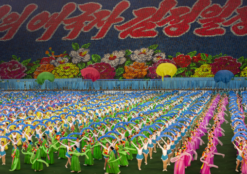 Women dancing in choson-ot during the Arirang mass games, DGC, Pyongyang, North Korea