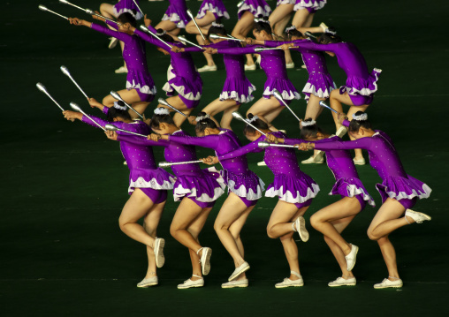 North Korean gymnasts performing during the Arirang mass games, DGC, Pyongyang, North Korea
