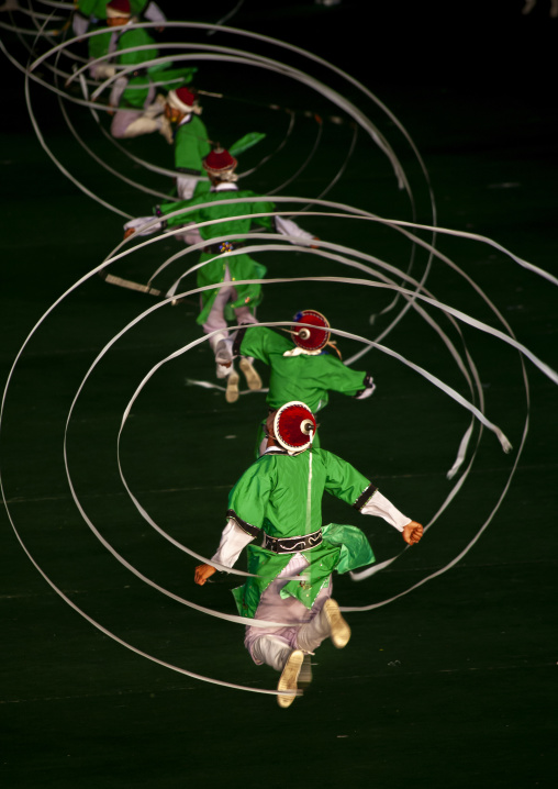 North Korean pungmul performers during the Arirang mass games, DGC, Pyongyang, North Korea