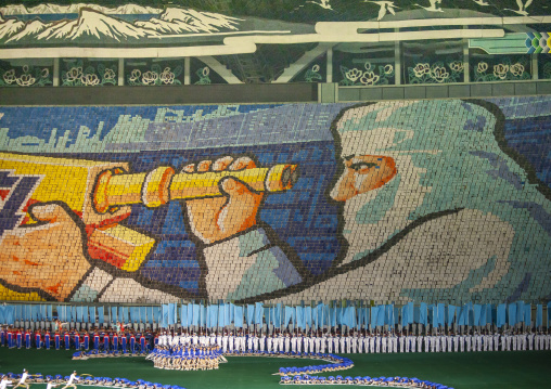 Children holding up boards during Arirang to create a scientist, DGC, Pyongyang, North Korea