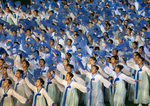 Women dancing in choson-ot during the Arirang mass games, DGC, Pyongyang, North Korea