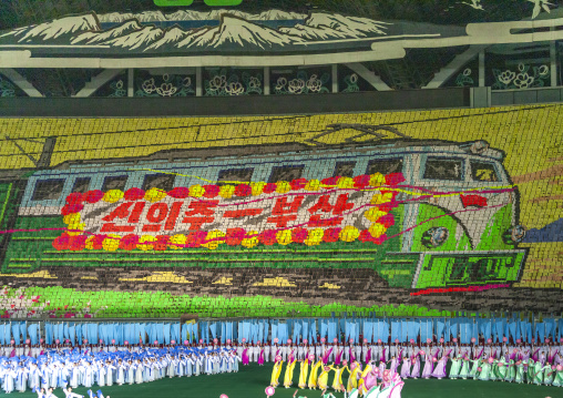Children holding up boards during Arirang to create reunification train, DGC, Pyongyang, North Korea