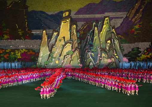 North Korean gymnasts performing during the Arirang mass games, DGC, Pyongyang, North Korea