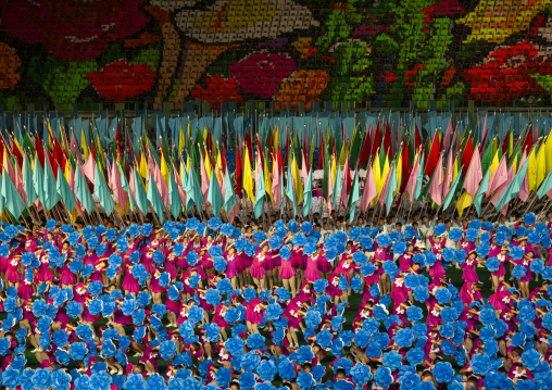 North Korean gymnasts performing during the Arirang mass games, DGC, Pyongyang, North Korea
