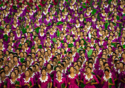 North Korean gymnasts performing during the Arirang mass games, DGC, Pyongyang, North Korea
