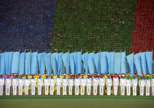 North Korean gymnasts with blue flags during the Arirang mass games, DGC, Pyongyang, North Korea