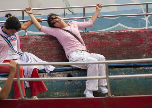 North Korean women enjoying an attraction in Taesongsan funfair, DGC, Pyongyang, North Korea