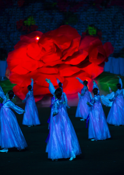 Women dancing in choson-ot during the Arirang mass games, DGC, Pyongyang, North Korea