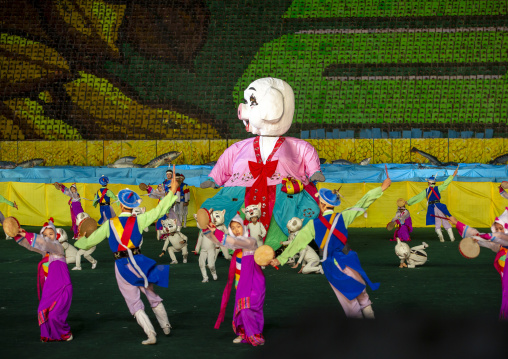 Dancers performing with a giant pig during the Arirang mass games, DGC, Pyongyang, North Korea