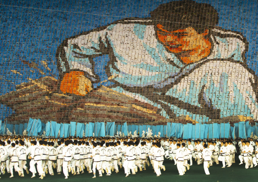 Children holding up boards during Arirang to create a taekwondo fighter, DGC, Pyongyang, North Korea