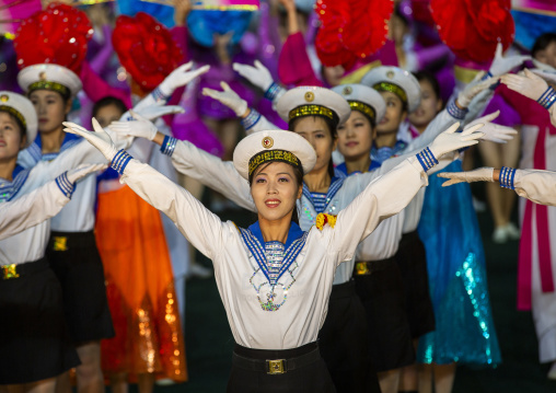 North Korean women dressed as sailors during the Arirang mass games, DGC, Pyongyang, North Korea
