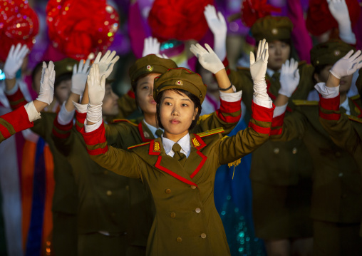 North Korean women dressed as soldiers at Arirang mass games, DGC, Pyongyang, North Korea