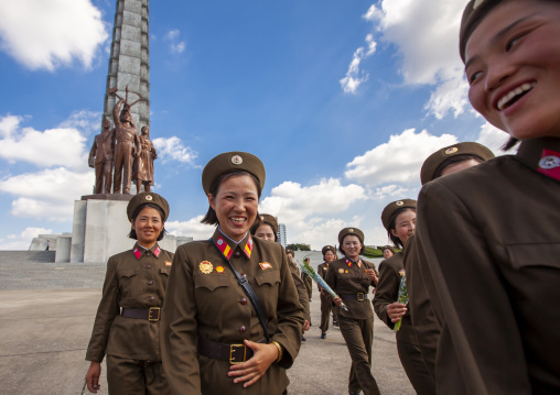 North Korean soldiers women smiling, DGC, Pyongyang, North Korea