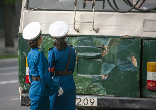 North Korean traffic security officers in the street, DGC, Pyongyang, North Korea