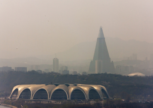 The rungnado 1st of may stadium with Ryugyong hotel, DGC, Pyongyang, North Korea