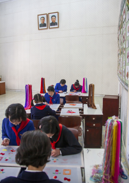 Girls in embroidery workshop in Mangyongdae schoolchildren's palace, DGC, Pyongyang, North Korea