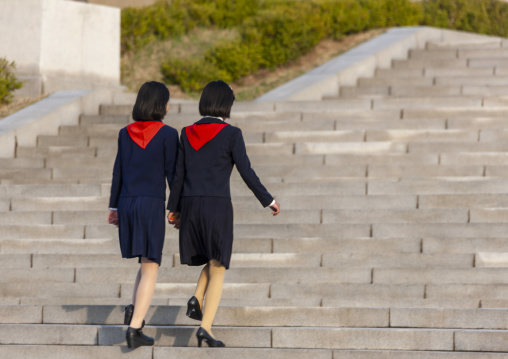 North Korean pioneer girls in the street, DGC, Pyongyang, North Korea