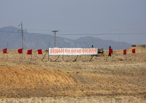 Propaganda billboard in a paddy field, DGC, Pyongyang, North Korea