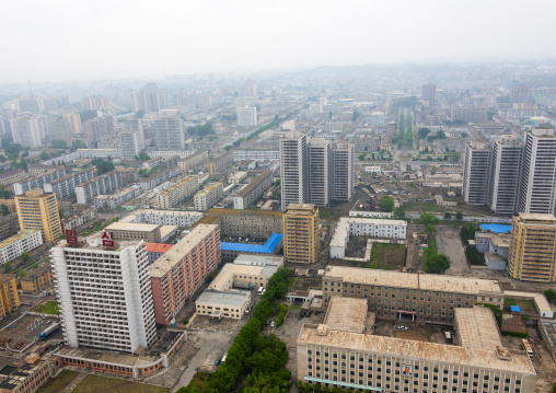 High angle view of buildings in the city center, DGC, Pyongyang, North Korea