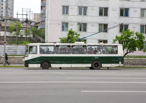 Public bus with red stars one star represents 50000 km of safe driving, DGC, Pyongyang, North Korea