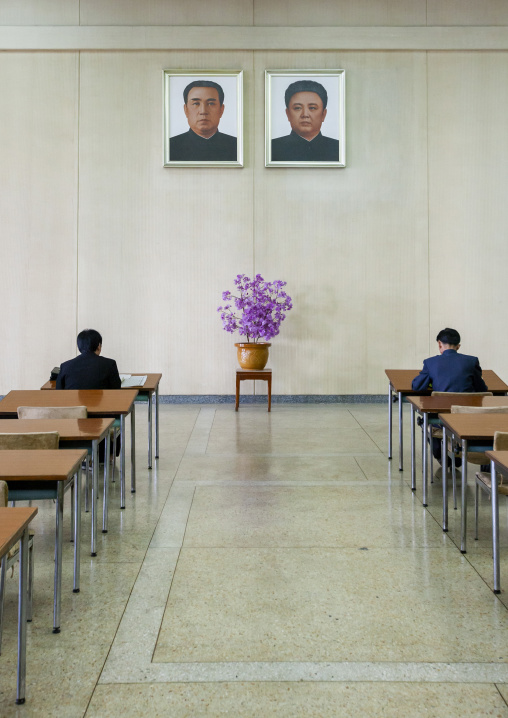 Grand people's study house with portraits of the Leaders, DGC, Pyongyang, North Korea