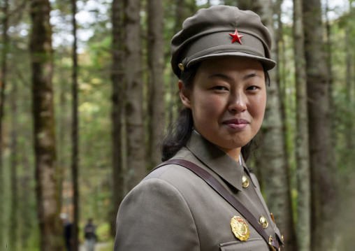 Portrait of a North Korean guide in military style uniform, Ryanggang, Chongbong, North Korea