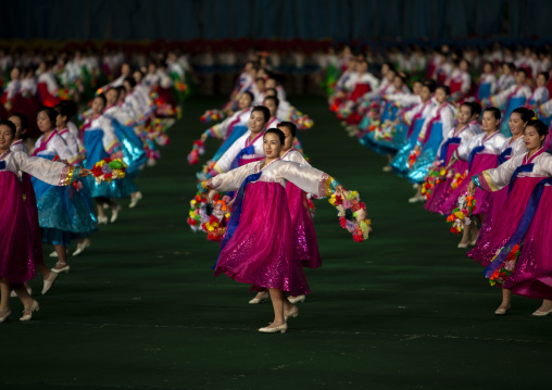North Korean women dancing in choson-ot during the Arirang mass games, DGC, Pyongyang, North Korea