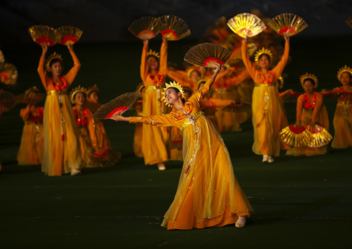 North Korean women dancing in choson-ot during the Arirang mass games, DGC, Pyongyang, North Korea