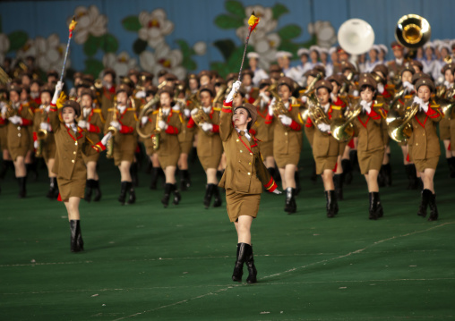 Women dressed as soldiers dancing with swords during Arirang, DGC, Pyongyang, North Korea