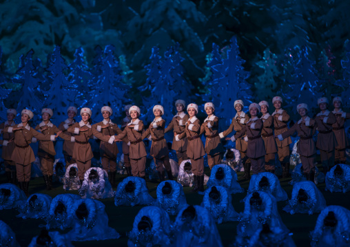 North Korean women dressed as soldier during the Arirang, DGC, Pyongyang, North Korea